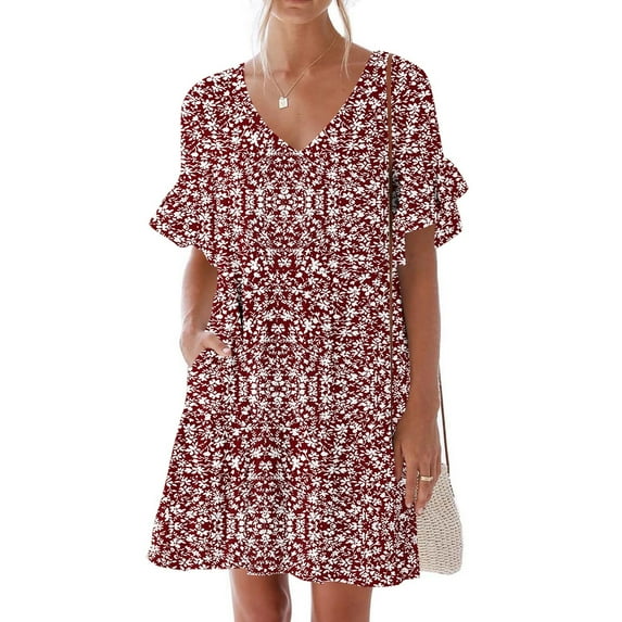 Women's Summer Beach Dresses Casual V-Neck Dress Pocket Printed Short Sleevele Ruffle Dress