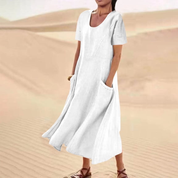 Summer Dresses for Women 2025, Women's Summer Short Sleeve Solid Color Soft Comfortable Long Dress(White,XXXXXL)