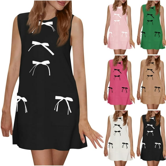 Summer Dresses for Women 2025, Women's Summer Sleeveless Mini Dress Casual Bow Crewneck Loose Knit Tank Dresses With Pockets(Green,L)