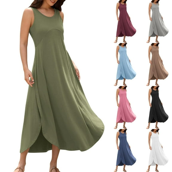 Summer Dresses for Women 2025, Women's Summer Solid Color Sleeveless Round Neck Irregular Hem Dress Skirt(Black,S)
