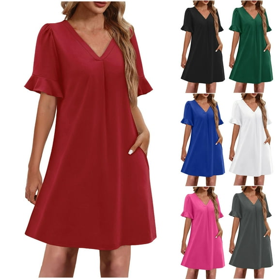 Summer Dresses for Women 2025, Women's Summer Solid Color V-neck Dress With Pockets And Ruffle Short Sleeved Skirt(Black,S)