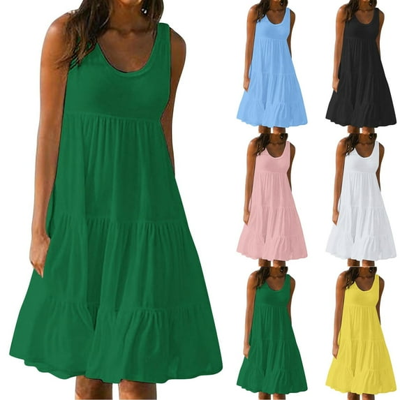 Summer Dresses for Women 2025, Womens Fashion Holiday Summer Solid Color Sleeveless Party Beach Dress(Black,L)