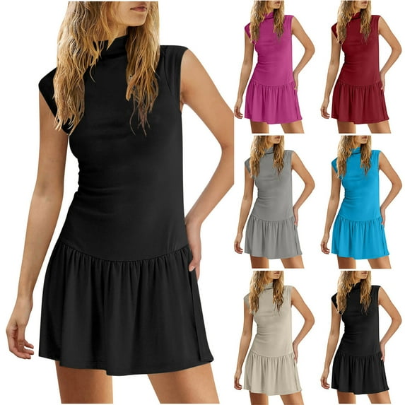 Summer Dresses for Women 2025, Womens Sleeveless Summer Mini Dress Sexy Mock Neck Tank Dresses Bodycon Drop Waist Short Sundress(Black,S)
