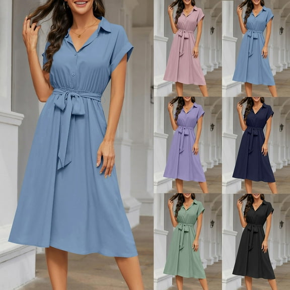 Summer Dresses for Women 2025, Womens Solid-Color Button Short-Sleeved Lapel Casual Belt Pocket Shirt Dress(Black,S)