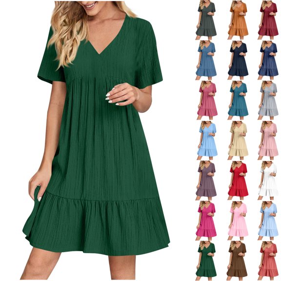 Summer Dresses for Women 2025, Womens Spring And Summer V-Neck Loose Solid Pleated Casual High Waist Lace Dress(Olive Green,M)