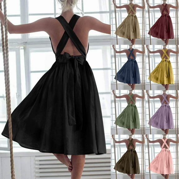 Summer Dresses for Women 2025, Womens Summer Sexy Strap Pleated Solid Sleeveless And Linen Backless Strapless Dress(Black,S)