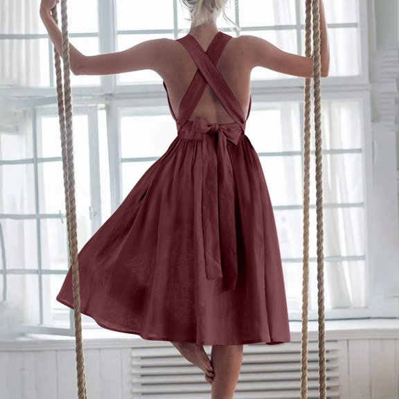 Summer Dresses for Women 2025, Womens Summer Sexy Strap Pleated Solid Sleeveless And Linen Backless Strapless Dress(Wine,S)