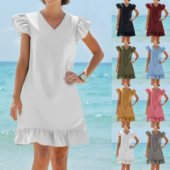 Summer Dresses for Women 2025, Womens’s Solid Color V Neck Summer Ruffle Hem Casual Beach Dress(Sky Blue,S)