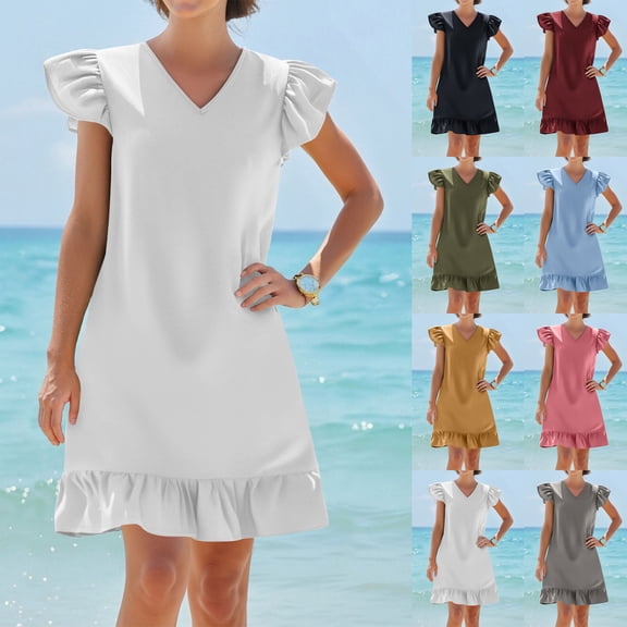 Summer Dresses for Women 2025, Womens’s Solid Color V Neck Summer Ruffle Hem Casual Beach Dress(Sky Blue,S)