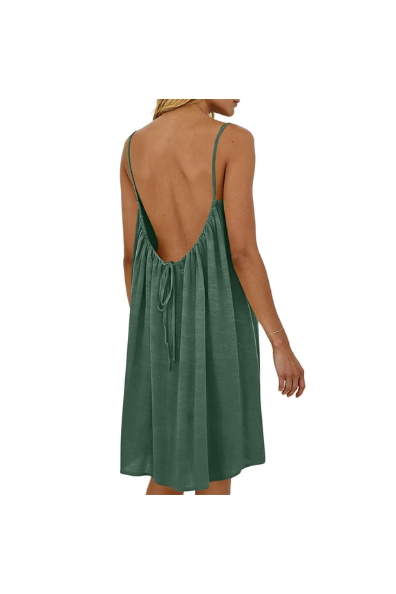 Summer Dresses for Women 2026 Backless Cami Dresses Sleeveless Open Back Spaghetti Strap Flowy Dresses Army Green XL
