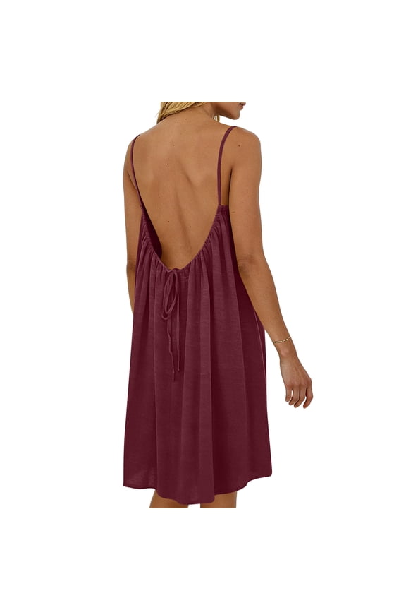 Summer Dresses for Women 2026 Backless Cami Dresses Sleeveless Open Back Spaghetti Strap Flowy Dresses Wine XL