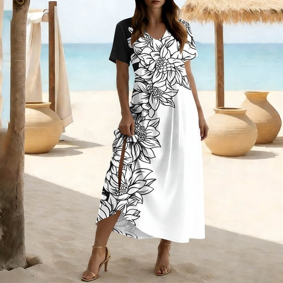 Summer Dresses for Women 2026 Beach Loose Casual Dress Short Sleeved V Neck Vacation Beach Sundresses Floral Travel Dress Women's Maxi Dresses