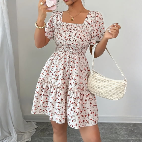 Summer Dresses for Women 2026 Boho Floral Smocked Square Neck Short Sleeve Mini Dress Ruffle Beach Summer Sundresses 2XL