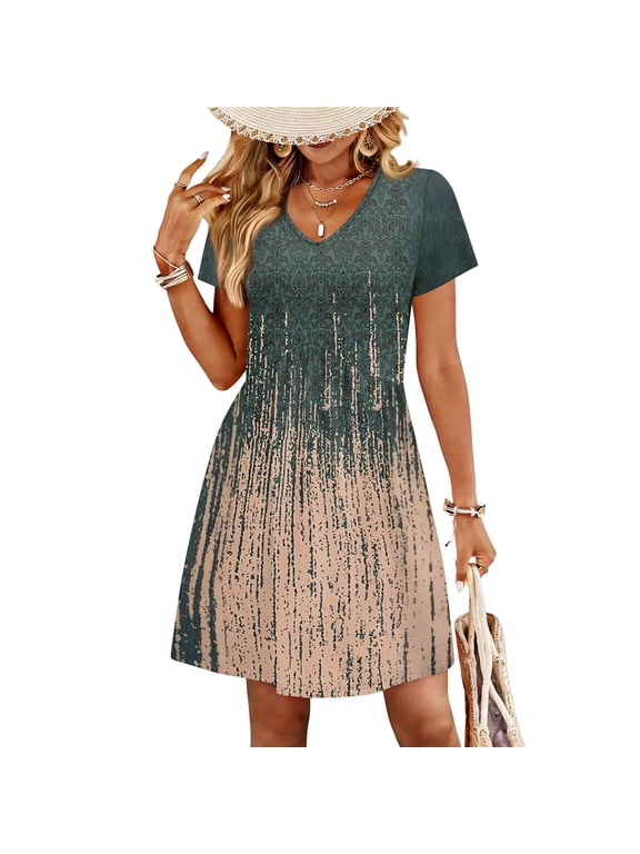 Summer Dresses for Women 2026 Casual Plus Size V Neck Floral Print Dress Beach Vacation Sundress Modest Dresses