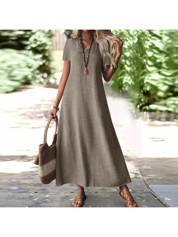 Summer Dresses for Women Casual Short Sleeve Solid Beach Vacation V Neck Basic Long T Shirt Dress Khaki S