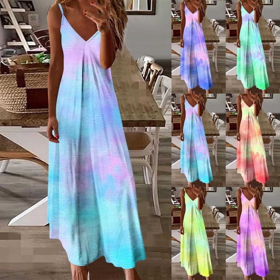 Summer Dresses for Women 2026 Casual Summer Sundresses Womens Summer Casual Fold Printing Camis Sleeveless V-Neck Dress Purple S