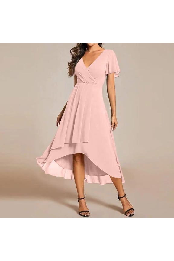 Summer Dresses for Women 2026, Chiffon V-Neck Ruffle Sleeve High Low Dress, Flowy A-Line Formal Sundress Light pink M