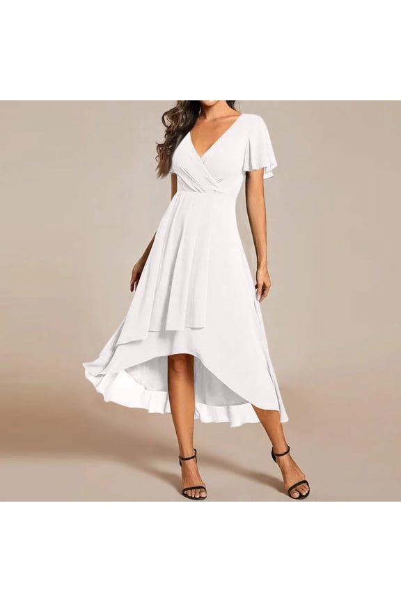 Summer Dresses for Women 2026, Chiffon V-Neck Ruffle Sleeve High Low Dress, Flowy A-Line Formal Sundress White L