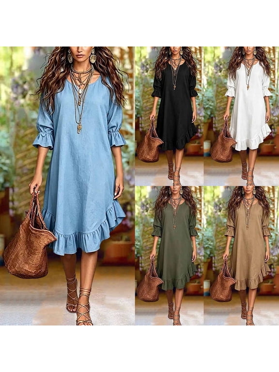 Summer Dresses for Women 2026 Dqueduo Women's Round Neck Fashionable Casual Loose Comfor table Spring And Summer Solid Color Dress Light Blue L