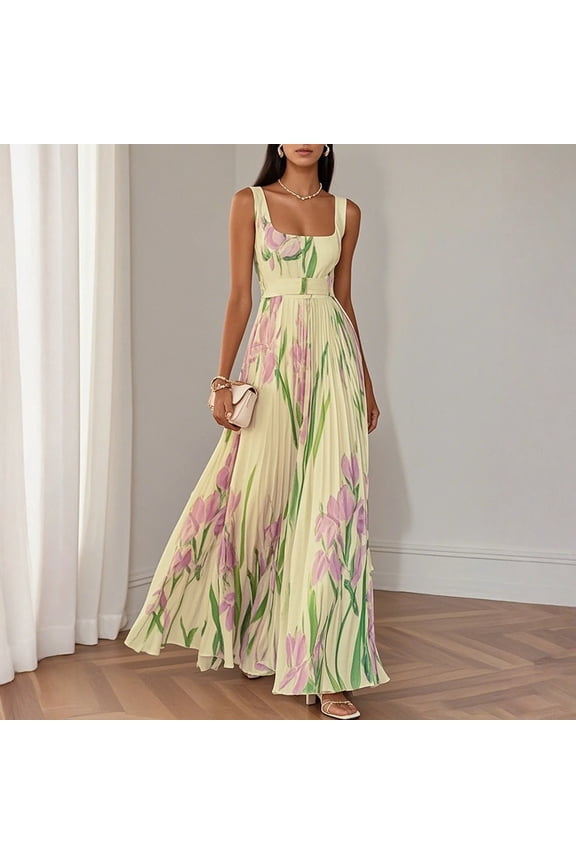 Summer Dresses for Women 2026, Floral Pleated Chiffon Maxi Dress, Square Neck Sleeveless High Waist Elegant Dress Yellow XL