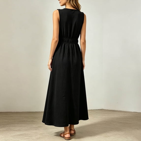 Summer Dresses for Women 2026 Flowy Casual Midi Dress V Neck Beach Vacation for Wedding Guest Party Vacation(Black,S)