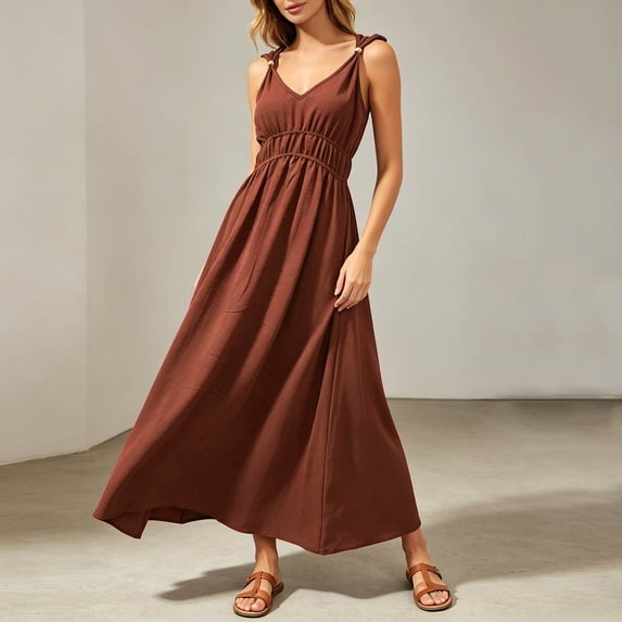 Summer Dresses for Women 2026 Flowy Casual Midi Dress V Neck Beach Vacation for Wedding Guest Party Vacation(Brown,L)
