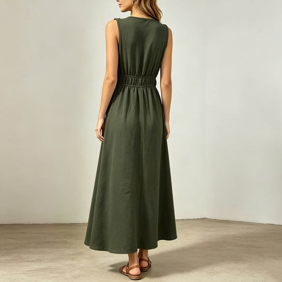 Summer Dresses for Women 2026 Flowy Casual Midi Dress V Neck Beach Vacation for Wedding Guest Party Vacation(Green,S)