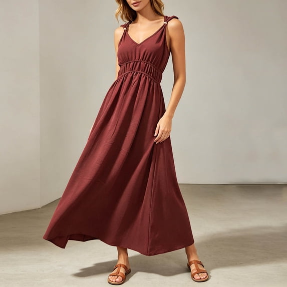 Summer Dresses for Women 2026 Flowy Casual Midi Dress V Neck Beach Vacation Sundresses for Wedding Guest Party Vacation(RD1,M)