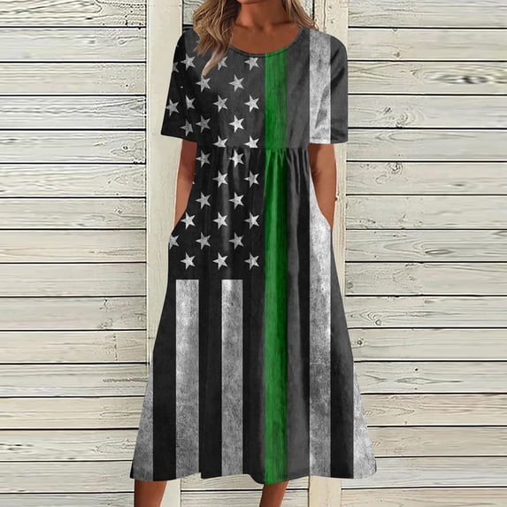 Summer Dresses for Women 2026 Patriotic Star Print Tiered Dress Round Neck Short Sleeve Casual Sundress Green 2XL