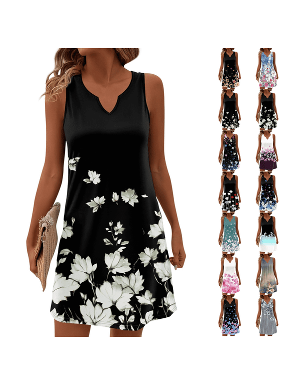 Summer Dresses for Women 2026 Sleeveless Casual Floral Tshirt Sundress with Pockets Loose Beach Tank Dress Dark Gray S
