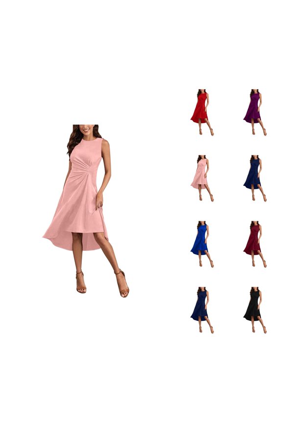 Summer Dresses for Women 2026 Trendy Sleeveless Ruched Waist A Line High Low Midi Dress Cocktail Dresses