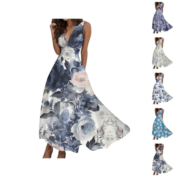 Summer Dresses for Women 2026 Trendy Sleeveless V Neck Empire Waist Floral Printed Flowy Maxi Dress Boho Beach Dress