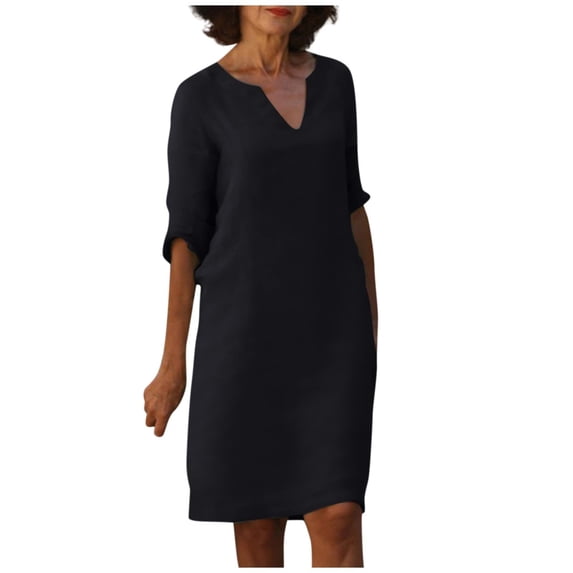 Summer Dresses for Women V-Neck 3/4 Sleeve Linen Shift Dress Breathable Casual Knee Length Sundress Black 2XL