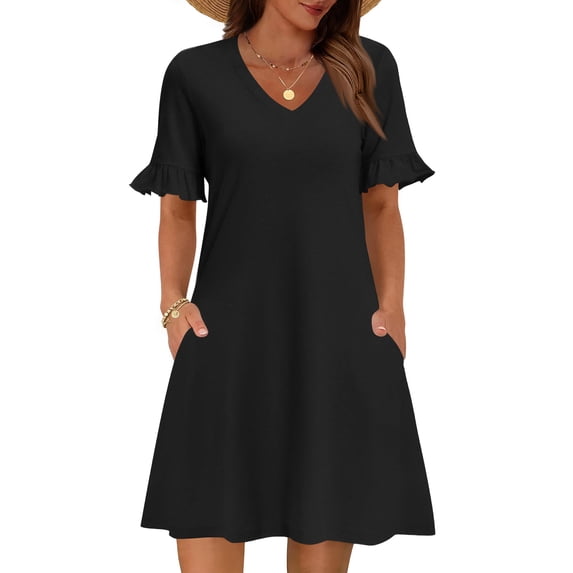 Summer Dresses for Women 2026 V Neck Ruffle Sleeve Casual Shift Dress Hawaiian Sundress Beach Vacation Clothes Black 2XL