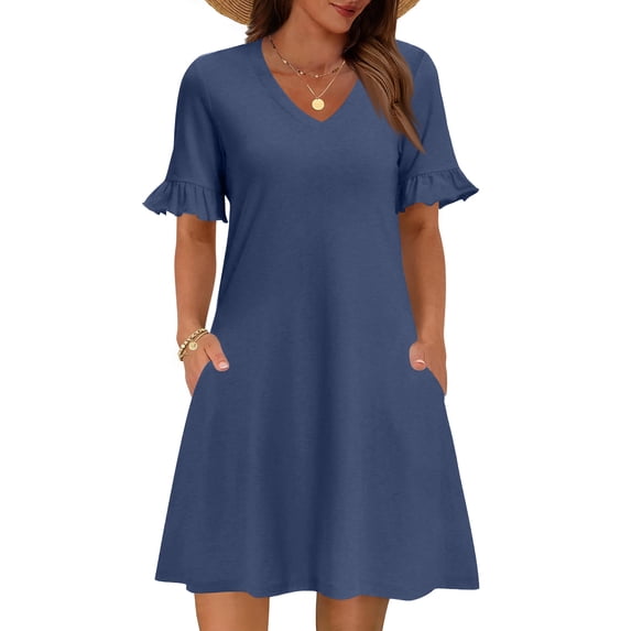 Summer Dresses for Women 2026 V Neck Ruffle Sleeve Casual Shift Dress Hawaiian Sundress Beach Vacation Clothes Dark Blue L