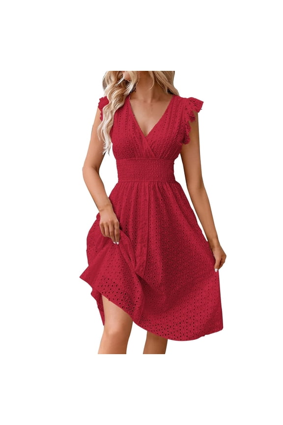 Summer Dresses for Women V-Neck Ruffle Sleeve Eyelet Dress Smocked Waist Flowy A-Line Beach Sundress Wine 2XL