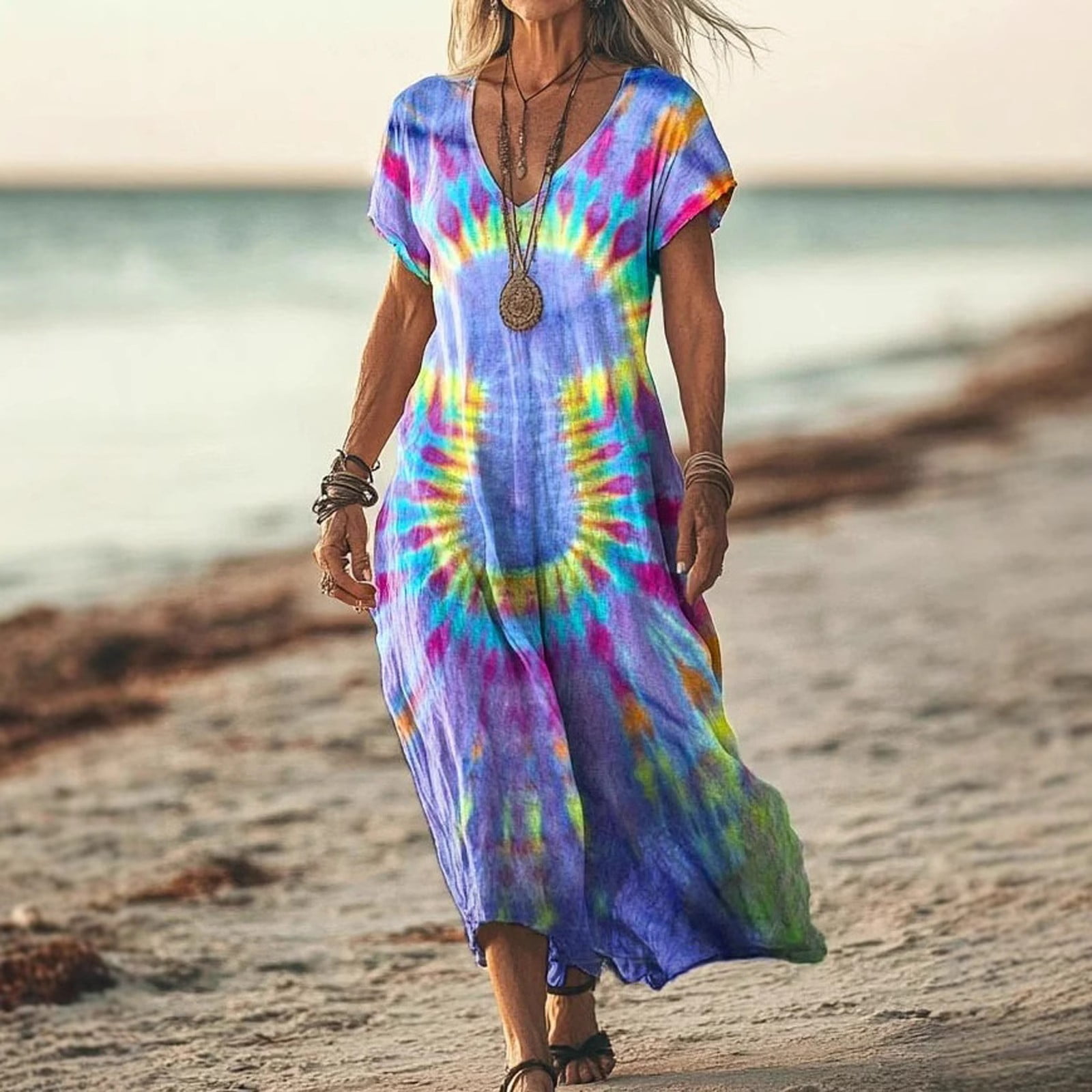 tie dye maxi dress short sleeve Summer Dresses for Women 2026 V-Neck Short Sleeve Tie-Dye Maxi Dress Loose  Flowy Lightweight Beach Sundress Hot Pink L