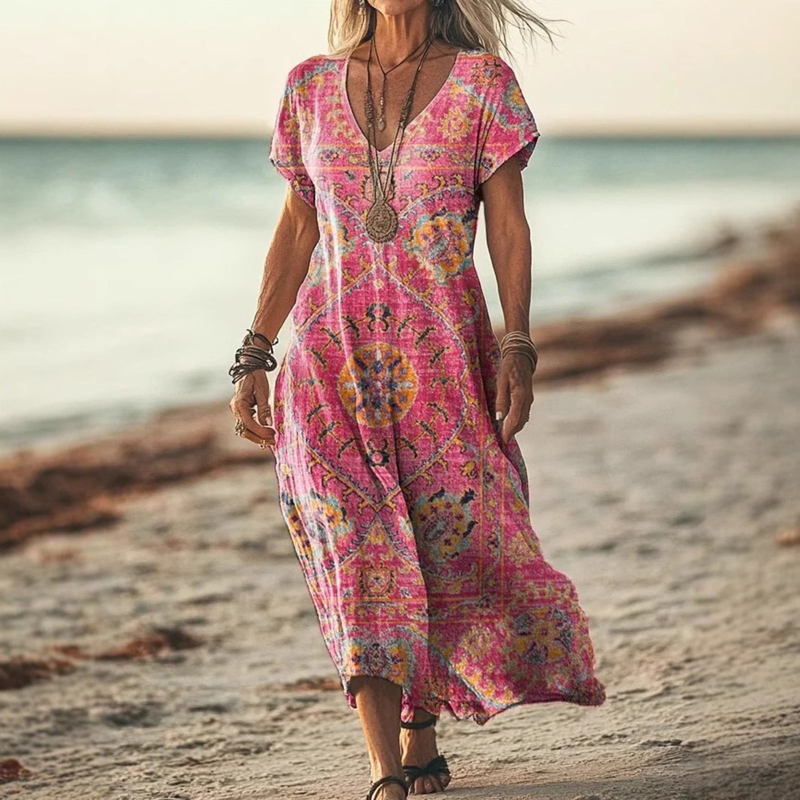 tie dye maxi dress short sleeve Summer Dresses for Women 2026 V-Neck Short Sleeve Tie-Dye Maxi Dress Loose  Flowy Lightweight Beach Sundress Hot Pink L