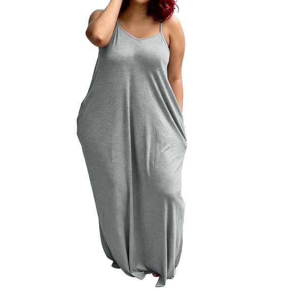 Summer Dresses for Women 2026 Women's Plus Size Spaghetti Strap Maxi Dress V Neck Loose Fit Casual Lounge Beach Long Sundress with Side Pockets