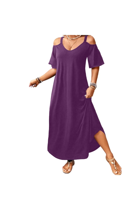 Summer Dresses for Women 2026,Womens Dresses Casual Summer V Neck Maxi Dress Cold Shoulder Long Beach Sundresses Travel Vacation Outfits