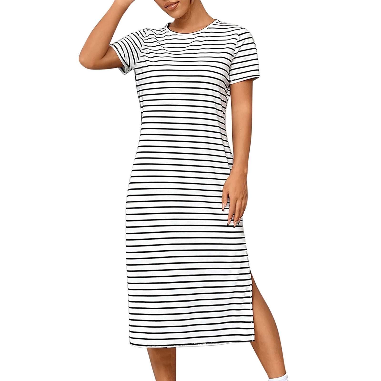striped t shirt bodycon dress Summer Dresses for Women 2026,Womens Striped T-Shirt Dress Midi Length,  Short Sleeve Crewneck Casual Bodycon Dress with Side Slit for Work Travel