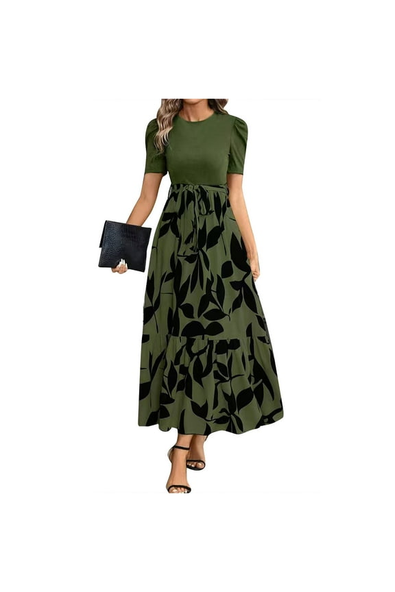 Summer Dresses for Women 2029 Floral Print Wrap Short Sleeve Maxi Dress Patchwork Ruffle A Line Dress