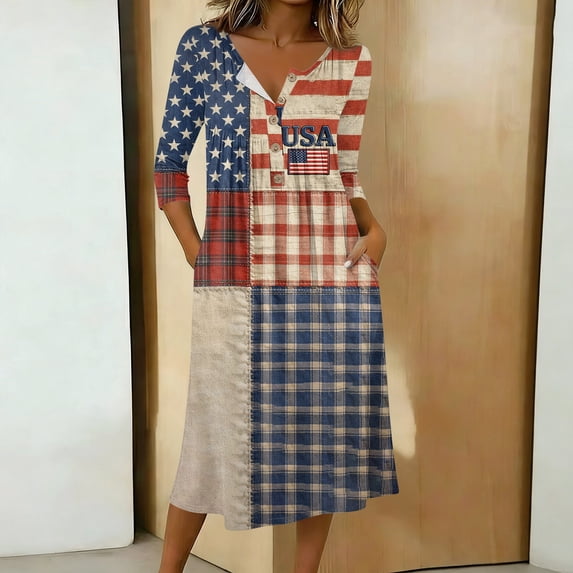 Summer Dresses for Women 3/4 Sleeve V-Neck Button Down Patriotic American Flag A-Line Midi 4th of July Travel Cruise Outfits with Pockets