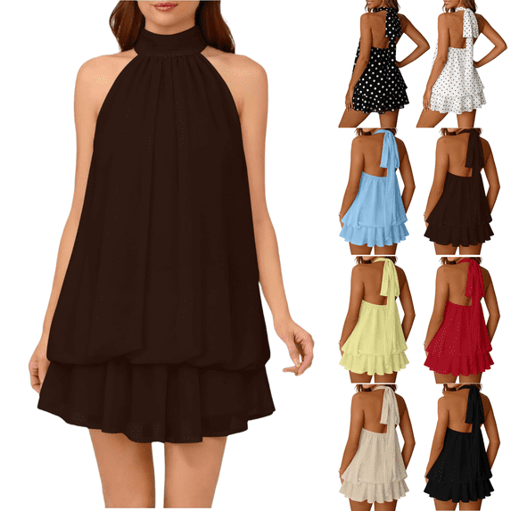 Summer Dresses for Women Backless Tie Halter Neck Loose Ruffle Mini Mesh Sundress Flowy Vacation Party Going Out Dresses S-2XL