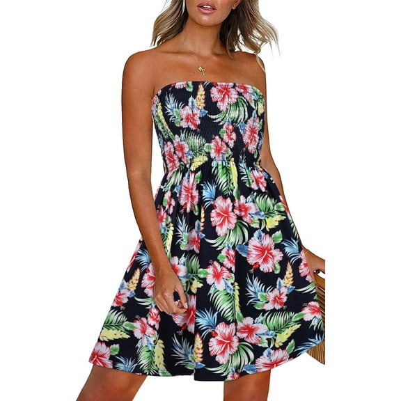 Summer Dresses for Women Beach Cover Ups Strapless Boho Floral Print Sundress