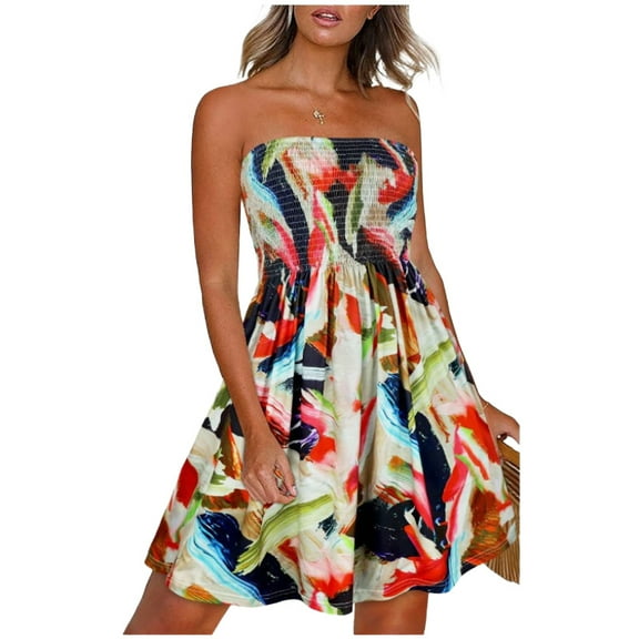Summer Dresses for Women Beach Cover Ups Strapless Boho Floral Print Sundress