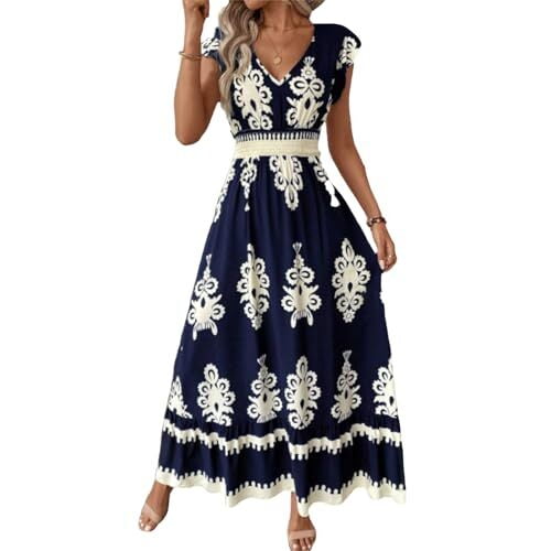 Summer Dresses for Women Beach Fashion Floral Short Sleeve V Neck Boho Long Wedding Guest Maxi Dress Spring