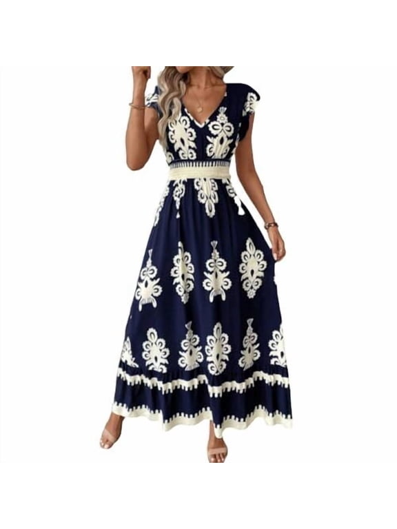 Summer Dresses for Women Beach Fashion Floral Short Sleeve V Neck Boho Long Wedding Guest Maxi Dress Spring