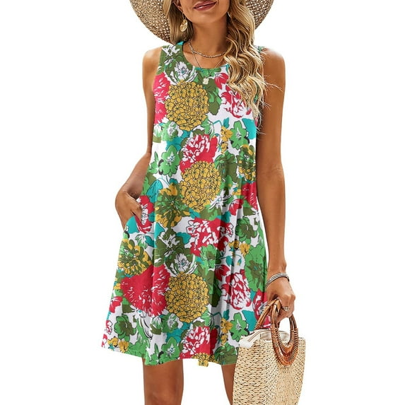 Summer Dresses for Women Beach Floral Tshirt Sundress Casual Pockets Boho Tank Dress