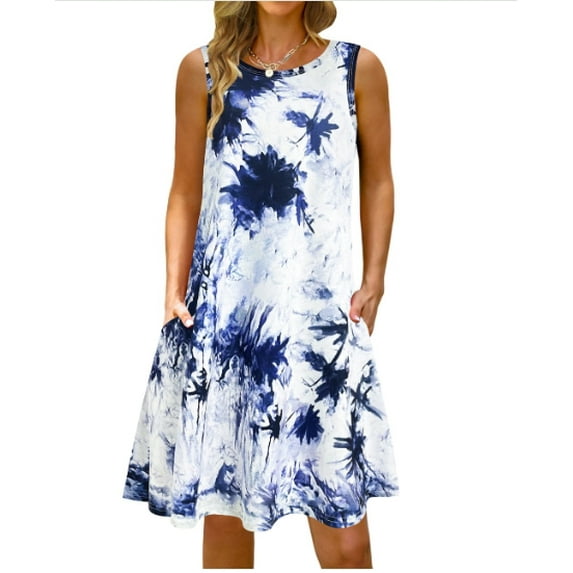 Summer Dresses for Women Beach Floral Tshirt Sundress Casual Pockets Boho Tank Dress